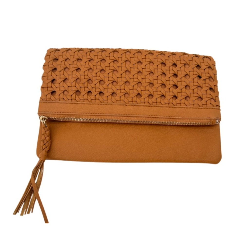 Moda Luxe Woven Foldover Clutch Tassel Cognac Brown Faux Leather Boho Chic